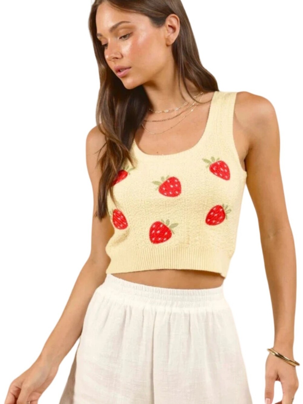 Strawberry Embroidered Buttercream Yellow Knit Tank By Sadie & Sage